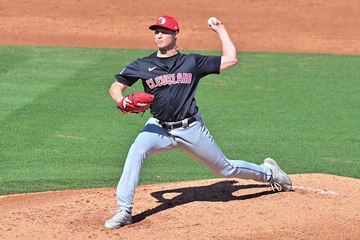 Feb 29, 2024; Tempe, Arizona, USA; Cleveland Guardians relief pitcher Tim Herrin (29) throws in the third inning against the Los Angeles Angels during a spring training game at Tempe Diablo Stadium. Mandatory Credit: Matt Kartozian-USA TODAY Sports